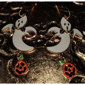 Vintage KC (Kenneth Cole) Signed Halloween Ghost &Pumpkin Enamel Dangle Earrings